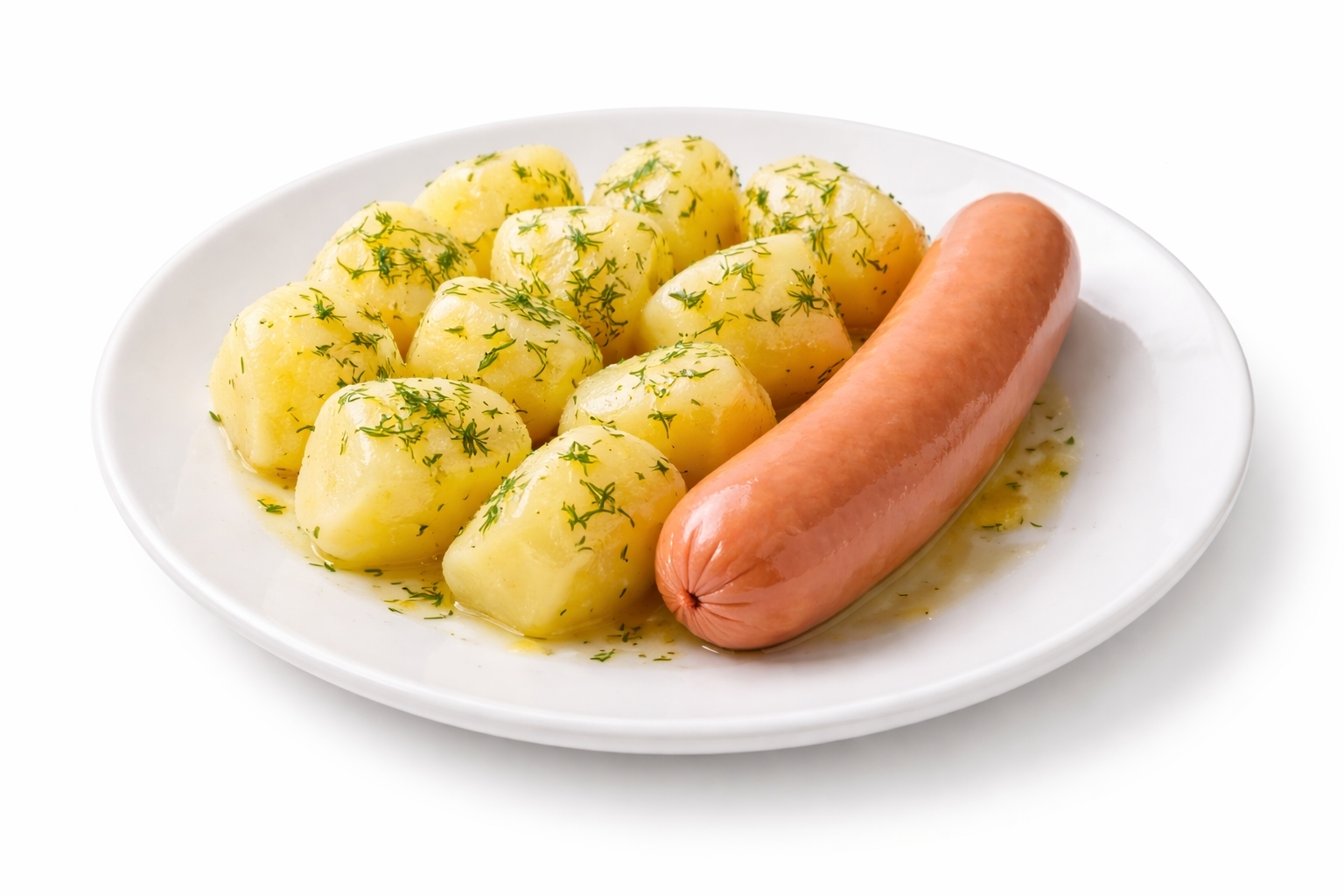 Сосиска (халяль) с отварным картофелем, маслом и укропом
